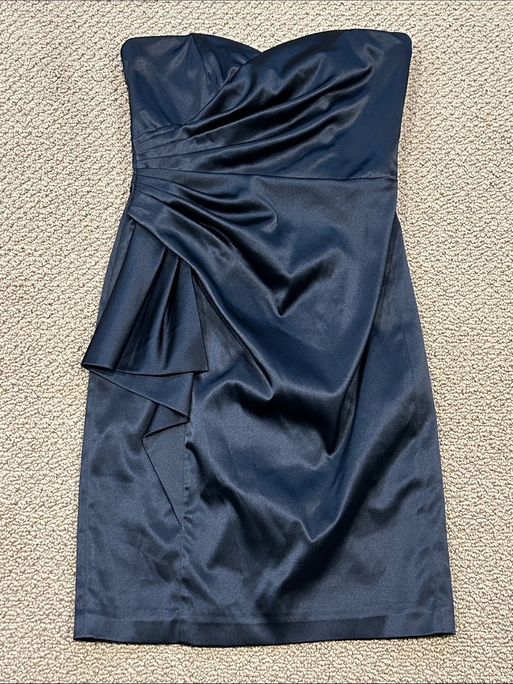 White House Black Market Black Strapless Satin Cocktail Dress sz 4 Ruched Bodice